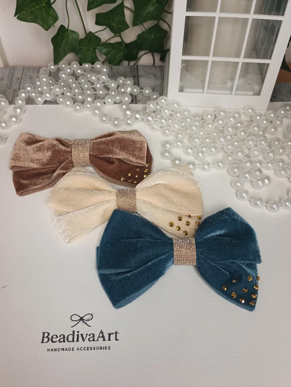 Handmade Velvet Bow Set -  Hair Bows With Rhinestone Details/ Set Of 3🎀✨